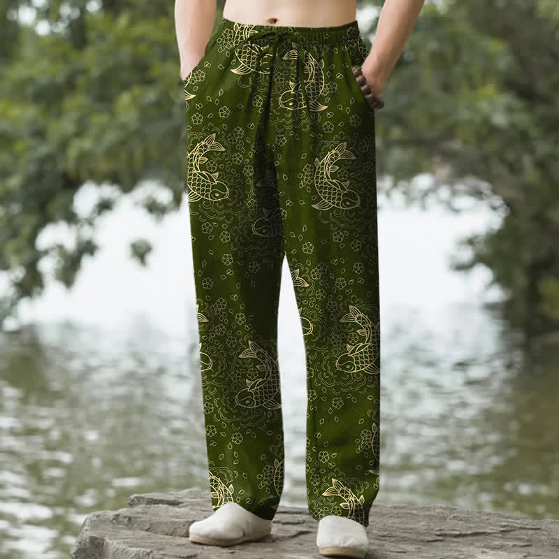 Buddha Stones Pantalon fuselé pour homme en coton à motif floral de carpes koï dorées et poches - Vert olive - US/UK/AU50，EU60 (5XL) - image 4
