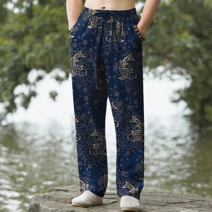 Buddha Stones Pantalon fuselé pour homme en coton à motif floral de carpes koï dorées et poches - Marine - US/UK/AU50，EU60 (5XL) - image 6