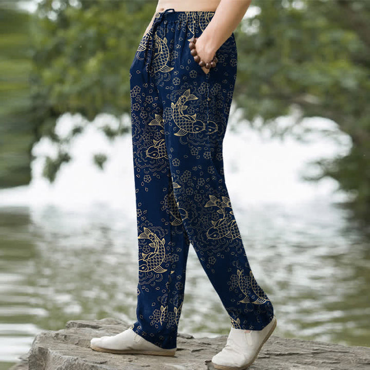 Buddha Stones Pantalon fuselé pour homme en coton à motif floral de carpes koï dorées et poches - image 7