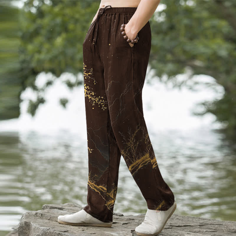 Buddha Stones Pantalon fuselé pour homme à motif de branches de coton avec poches - image 1