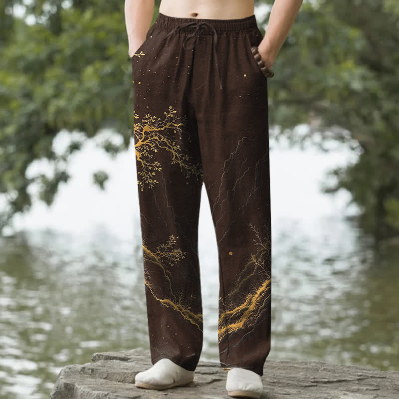 Buddha Stones Pantalon fuselé pour homme à motif de branches de coton avec poches - SaddleBrown - US/UK/AU50，EU60 (5XL) - image 0