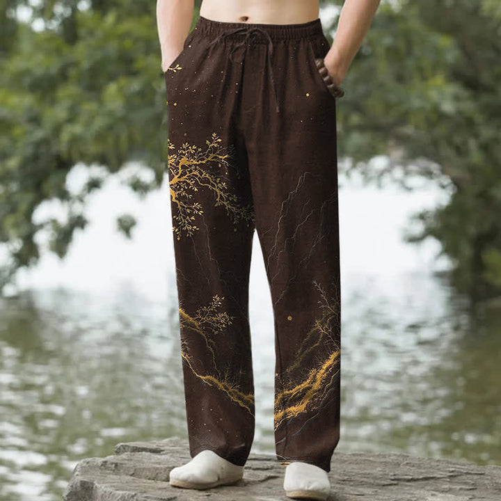 Buddha Stones Pantalon fuselé pour homme à motif de branches de coton avec poches - SaddleBrown - US/UK/AU50，EU60 (5XL) - image 0
