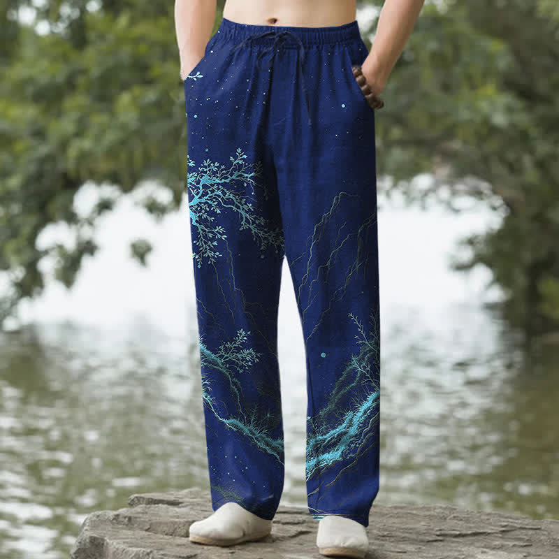 Buddha Stones Pantalon fuselé pour homme à motif de branches de coton avec poches - Marine - US/UK/AU50，EU60 (5XL) - image 4