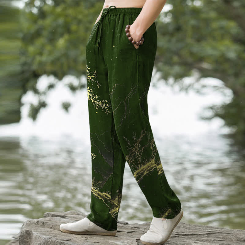 Buddha Stones Pantalon fuselé pour homme à motif de branches de coton avec poches - image 7