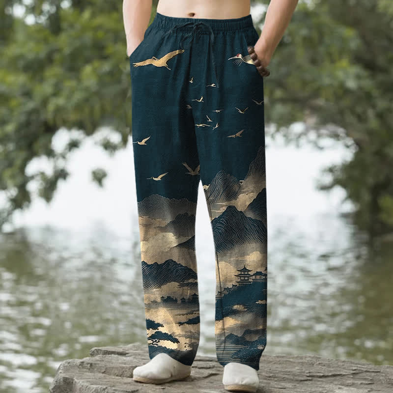 Buddha Stones Pantalon fuselé pour homme avec poches, motif oiseau Cotton Mountain Temple - Sarcelle - US/UK/AU50，EU60 (5XL) - image 0