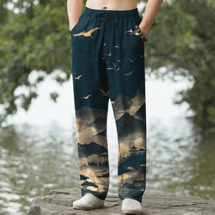 Buddha Stones Pantalon fuselé pour homme avec poches, motif oiseau Cotton Mountain Temple - Sarcelle - US/UK/AU50，EU60 (5XL) - image 0