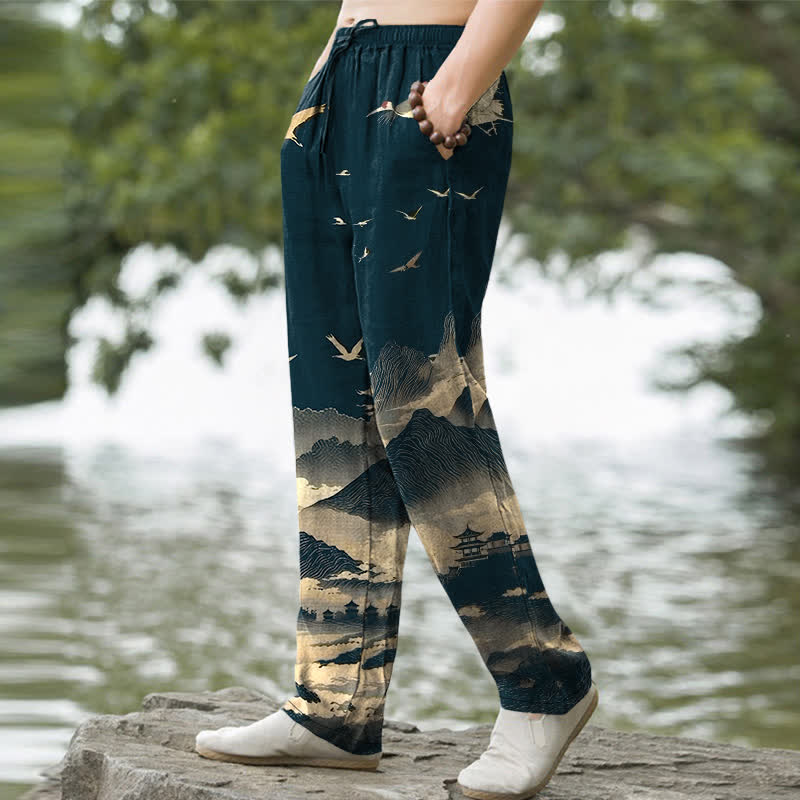 Buddha Stones Pantalon fuselé pour homme avec poches, motif oiseau Cotton Mountain Temple - image 1