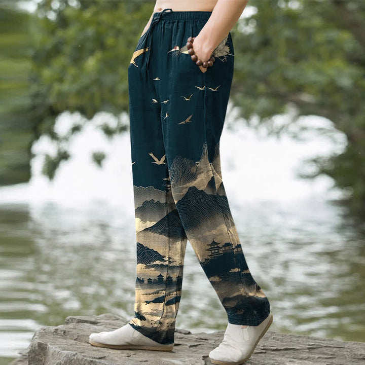 Buddha Stones Pantalon fuselé pour homme avec poches, motif oiseau Cotton Mountain Temple - image 1