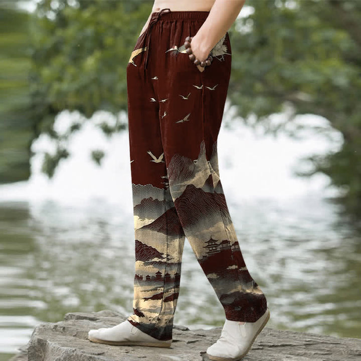 Buddha Stones Pantalon fuselé pour homme avec poches, motif oiseau Cotton Mountain Temple - image 5