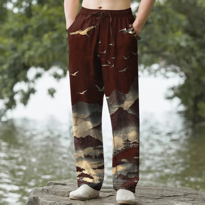 Buddha Stones Pantalon fuselé pour homme avec poches, motif oiseau Cotton Mountain Temple - Bordeaux - US/UK/AU50，EU60 (5XL) - image 4