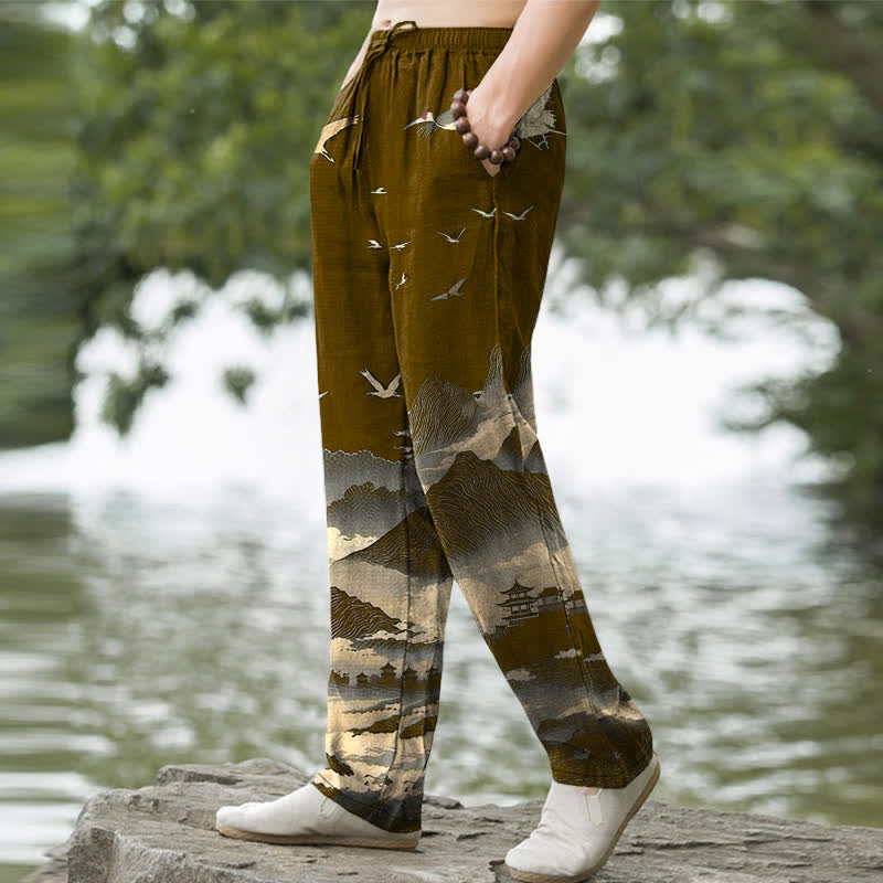 Buddha Stones Pantalon fuselé pour homme avec poches, motif oiseau Cotton Mountain Temple - image 7