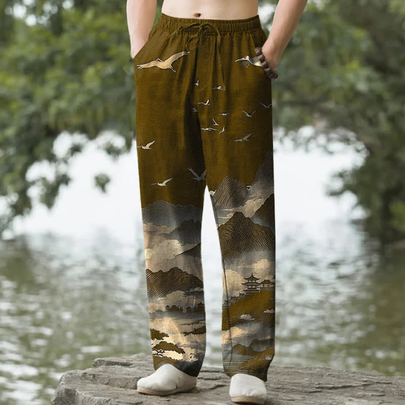 Buddha Stones Pantalon fuselé pour homme avec poches, motif oiseau Cotton Mountain Temple - DarkGoldenrod - US/UK/AU50，EU60 (5XL) - image 6