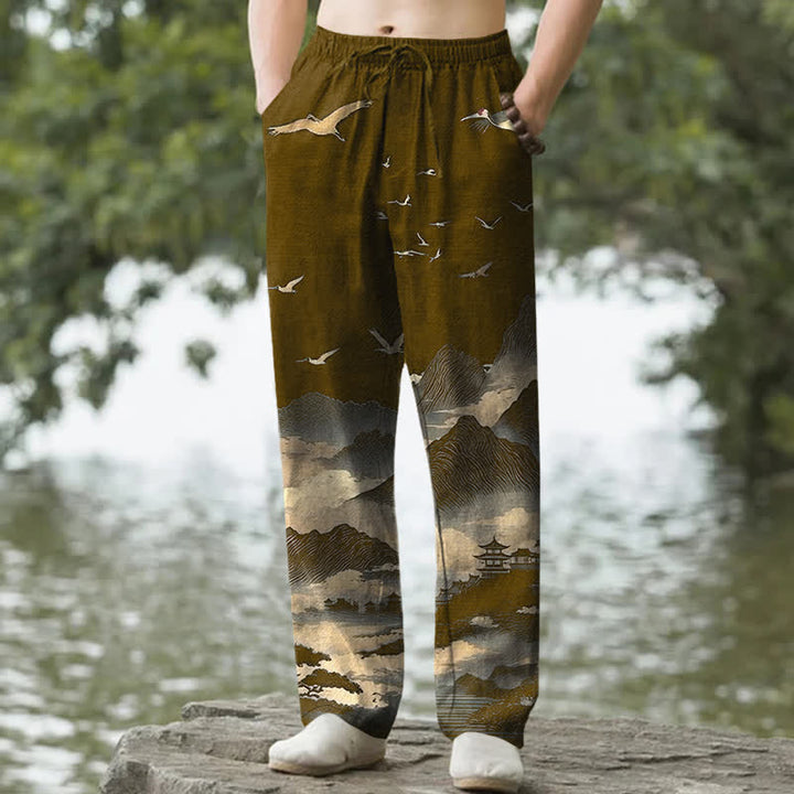 Buddha Stones Pantalon fuselé pour homme avec poches, motif oiseau Cotton Mountain Temple - DarkGoldenrod - US/UK/AU50，EU60 (5XL) - image 6