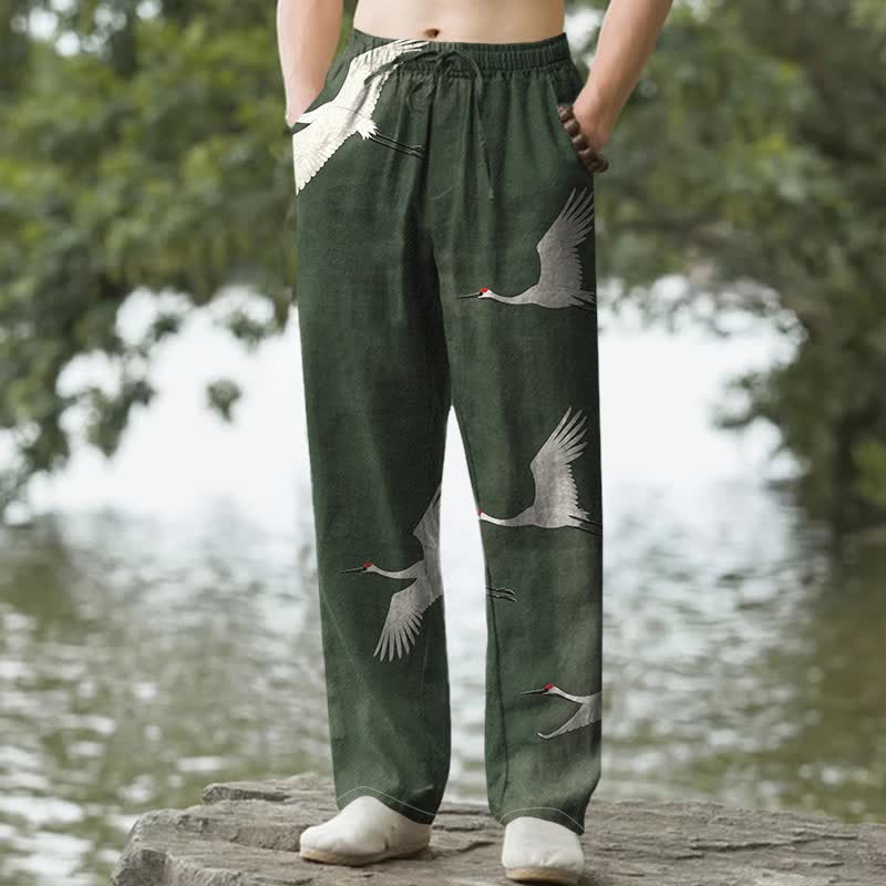 Buddha Stones Pantalon fuselé pour homme en coton blanc à motif de grues volantes, avec poches - Vert forêt - US/UK/AU50，EU60 (5XL) - image 0