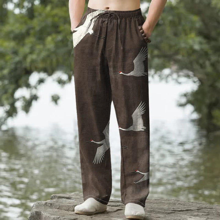 Buddha Stones Pantalon fuselé pour homme en coton blanc à motif de grues volantes, avec poches - SaddleBrown - US/UK/AU50，EU60 (5XL) - image 4