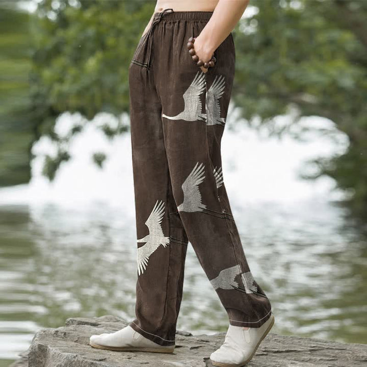 Buddha Stones Pantalon fuselé pour homme en coton blanc à motif de grues volantes, avec poches - image 5