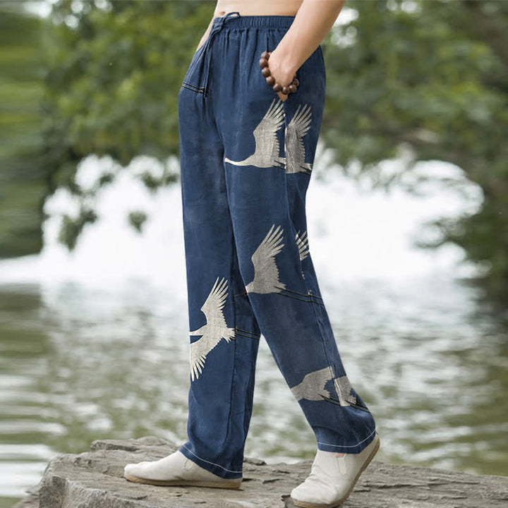 Buddha Stones Pantalon fuselé pour homme en coton blanc à motif de grues volantes, avec poches - image 7