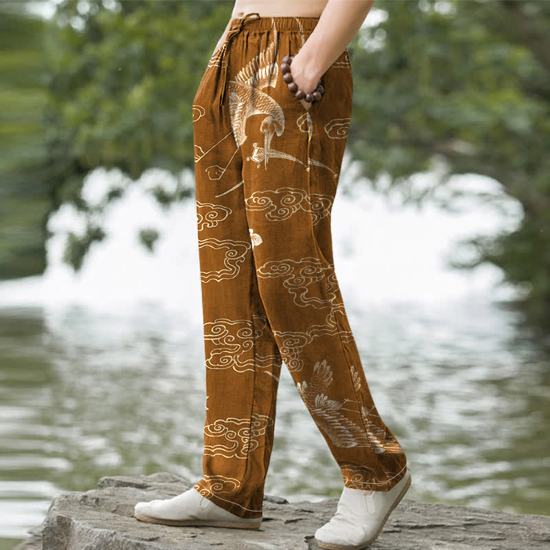 Buddha Stones Pantalon fuselé pour homme en coton à motif floral Grue Cloud, avec poches - image 1