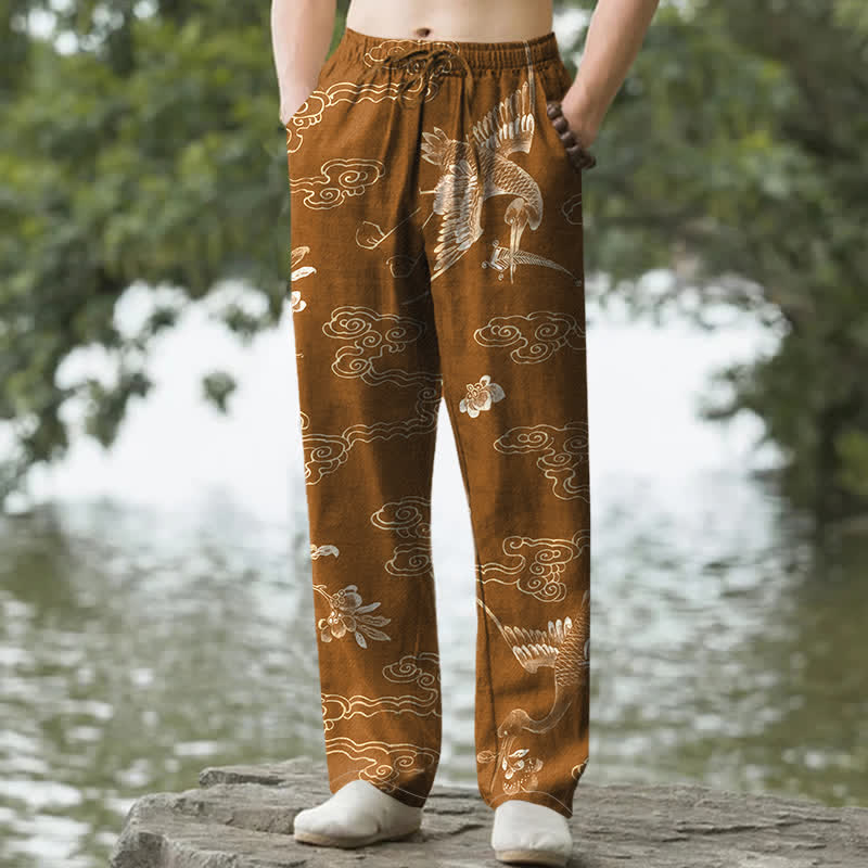 Buddha Stones Pantalon fuselé pour homme en coton à motif floral Grue Cloud, avec poches - Terre de sienne - US/UK/AU50，EU60 (5XL) - image 0