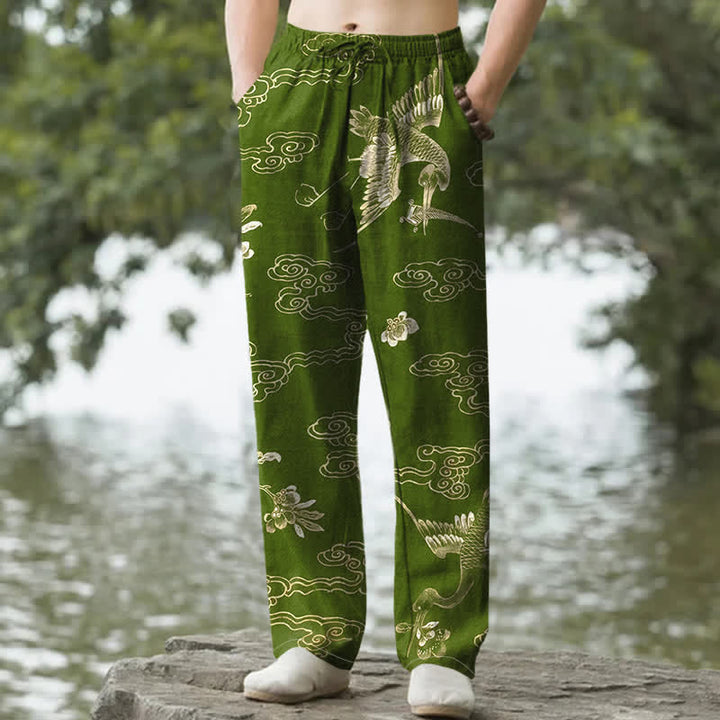 Buddha Stones Pantalon fuselé pour homme en coton à motif floral Grue Cloud, avec poches - Vert olive - US/UK/AU50，EU60 (5XL) - image 4