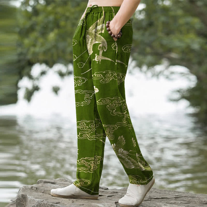 Buddha Stones Pantalon fuselé pour homme en coton à motif floral Grue Cloud, avec poches - image 5