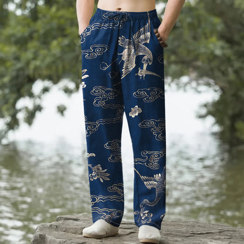Buddha Stones Pantalon fuselé pour homme en coton à motif floral Grue Cloud, avec poches - Marine - US/UK/AU50，EU60 (5XL) - image 6