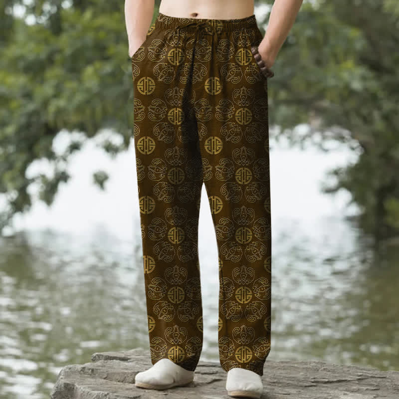 Buddha Stones Pantalon fuselé pour homme en coton avec motif floral et badge rond porte-bonheur, doté de poches - SaddleBrown - US/UK/AU50，EU60 (5XL) - image 0