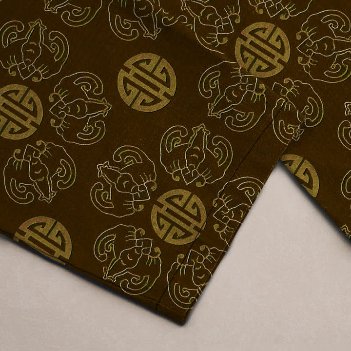 Buddha Stones Pantalon fuselé pour homme en coton avec motif floral et badge rond porte-bonheur, doté de poches - image 3
