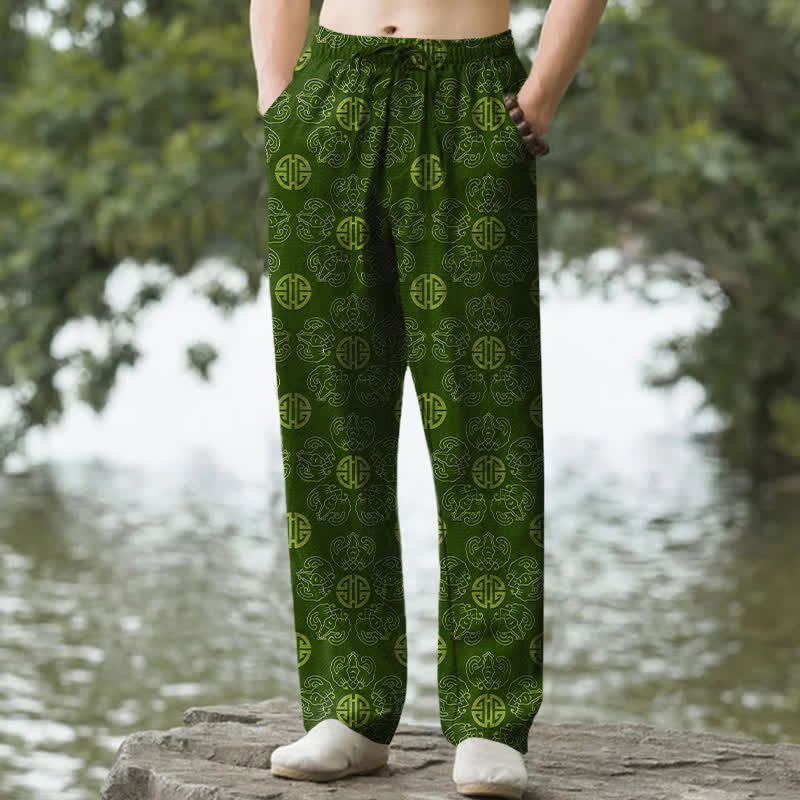 Buddha Stones Pantalon fuselé pour homme en coton avec motif floral et badge rond porte-bonheur, doté de poches - Vert forêt - US/UK/AU50，EU60 (5XL) - image 4