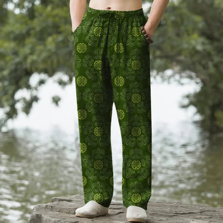 Buddha Stones Pantalon fuselé pour homme en coton avec motif floral et badge rond porte-bonheur, doté de poches - Vert forêt - US/UK/AU50，EU60 (5XL) - image 4