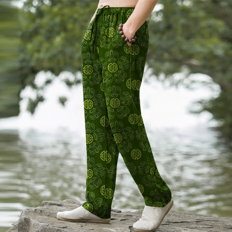 Buddha Stones Pantalon fuselé pour homme en coton avec motif floral et badge rond porte-bonheur, doté de poches - image 5