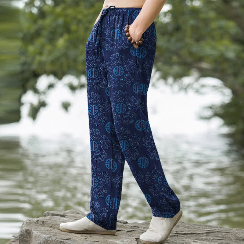 Buddha Stones Pantalon fuselé pour homme en coton avec motif floral et badge rond porte-bonheur, doté de poches - image 7