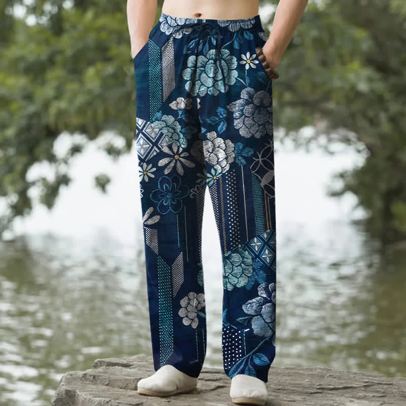 Buddha Stones Pantalon fuselé pour homme en coton à motif patchwork floral bohème, avec poches - Marine - US/UK/AU50，EU60 (5XL) - image 0