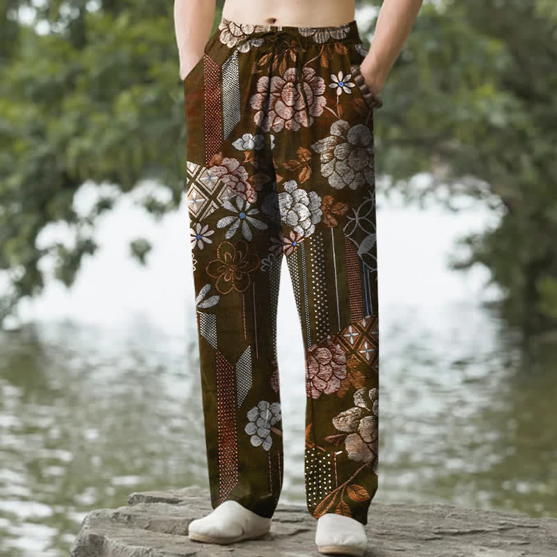 Buddha Stones Pantalon fuselé pour homme en coton à motif patchwork floral bohème, avec poches - SaddleBrown - US/UK/AU50，EU60 (5XL) - image 4