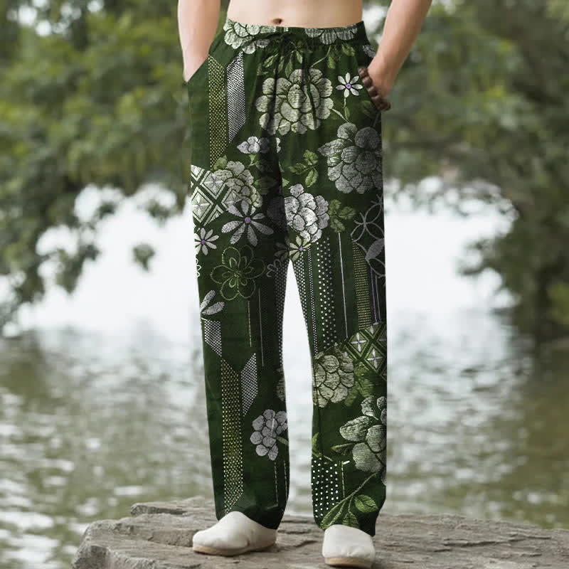 Buddha Stones Pantalon fuselé pour homme en coton à motif patchwork floral bohème, avec poches - Vert forêt - US/UK/AU50，EU60 (5XL) - image 6