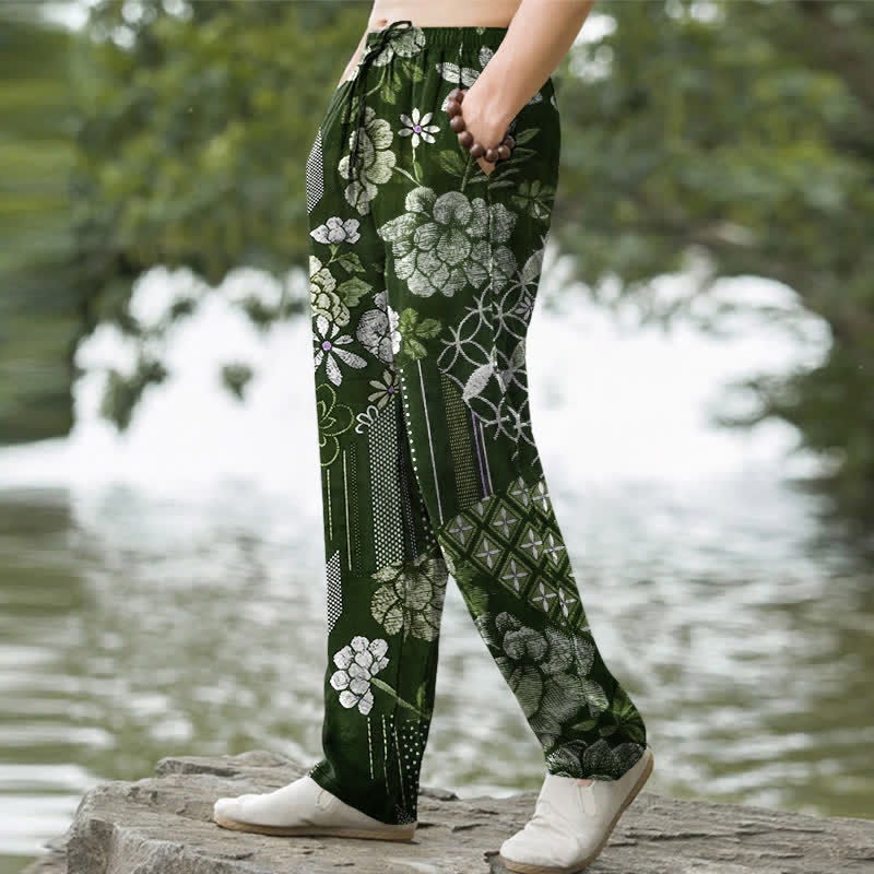 Buddha Stones Pantalon fuselé pour homme en coton à motif patchwork floral bohème, avec poches - image 7