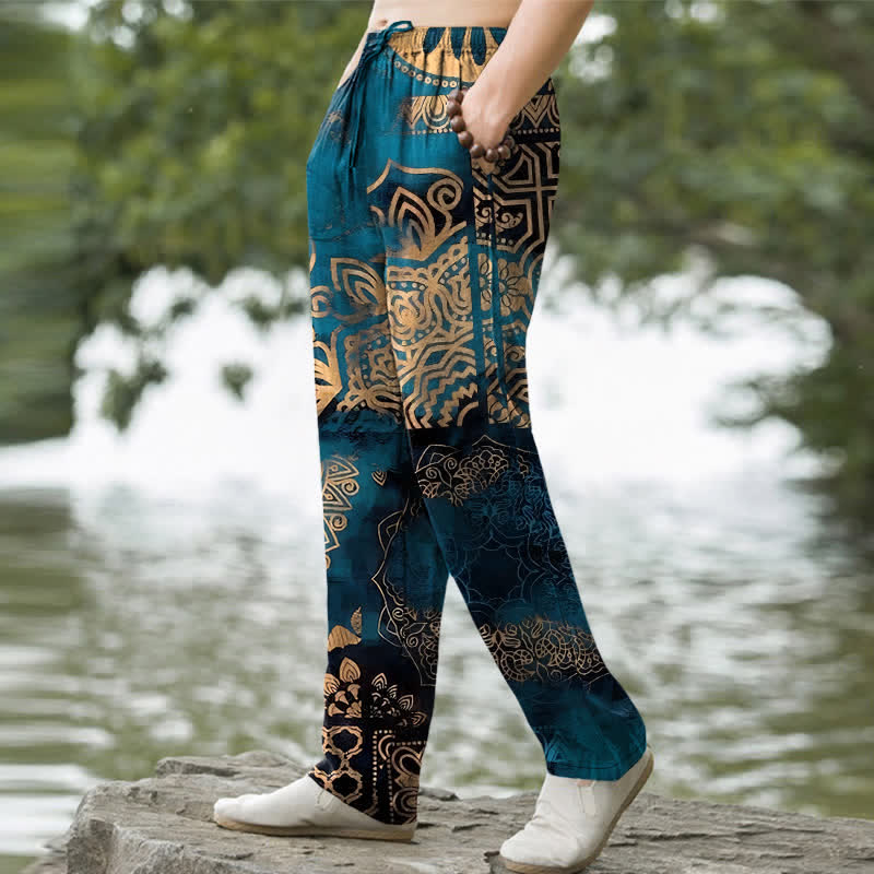 Buddha Stones Pantalon fuselé pour homme en coton à motif géométrique mandala et poches - image 1