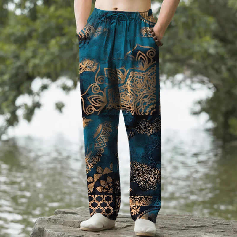 Buddha Stones Pantalon fuselé pour homme en coton à motif géométrique mandala et poches - Sarcelle - US/UK/AU50，EU60 (5XL) - image 0