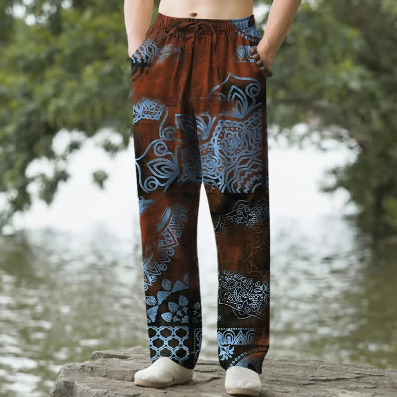 Buddha Stones Pantalon fuselé pour homme en coton à motif géométrique mandala et poches - Brun - US/UK/AU50，EU60 (5XL) - image 4