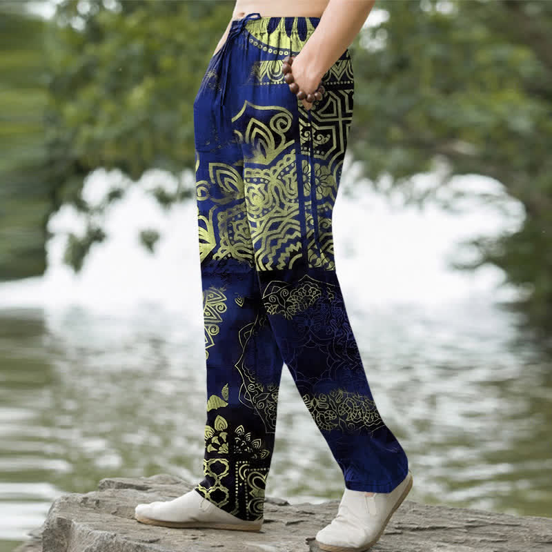 Buddha Stones Pantalon fuselé pour homme en coton à motif géométrique mandala et poches - image 7