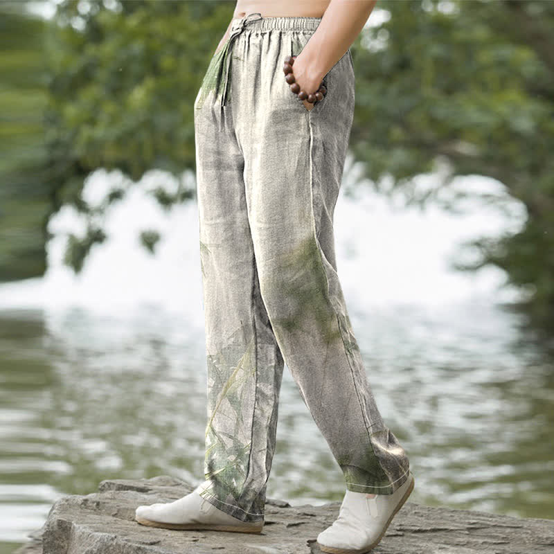 Buddha Stones Pantalon fuselé pour homme en coton lavé à motif bambou, avec poches - image 1