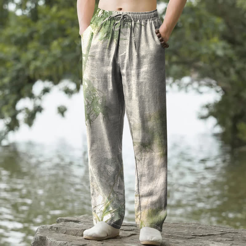 Buddha Stones Pantalon fuselé pour homme en coton lavé à motif bambou, avec poches - Vert pâle - US/UK/AU50，EU60 (5XL) - image 0