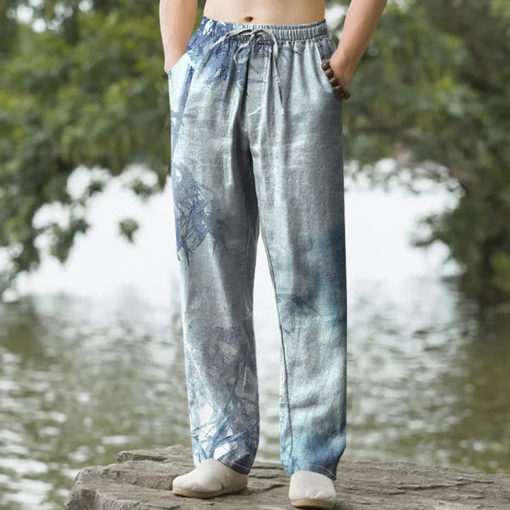 Buddha Stones Pantalon fuselé pour homme en coton lavé à motif bambou, avec poches - Bleu poudré - US/UK/AU50，EU60 (5XL) - image 4