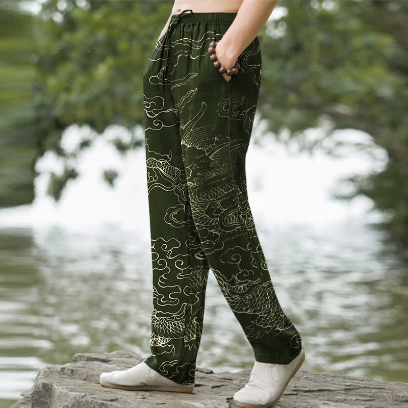 Buddha Stones Pantalon fuselé pour homme avec poches, motif dragon volant en coton poursuivant le soleil - image 1