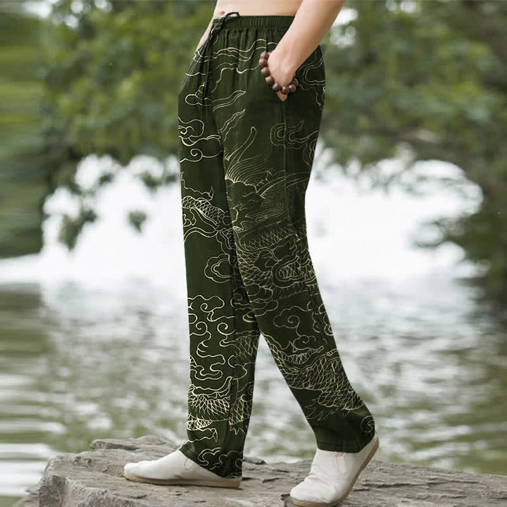 Buddha Stones Pantalon fuselé pour homme avec poches, motif dragon volant en coton poursuivant le soleil - image 1
