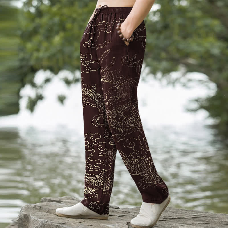 Buddha Stones Pantalon fuselé pour homme avec poches, motif dragon volant en coton poursuivant le soleil - image 5