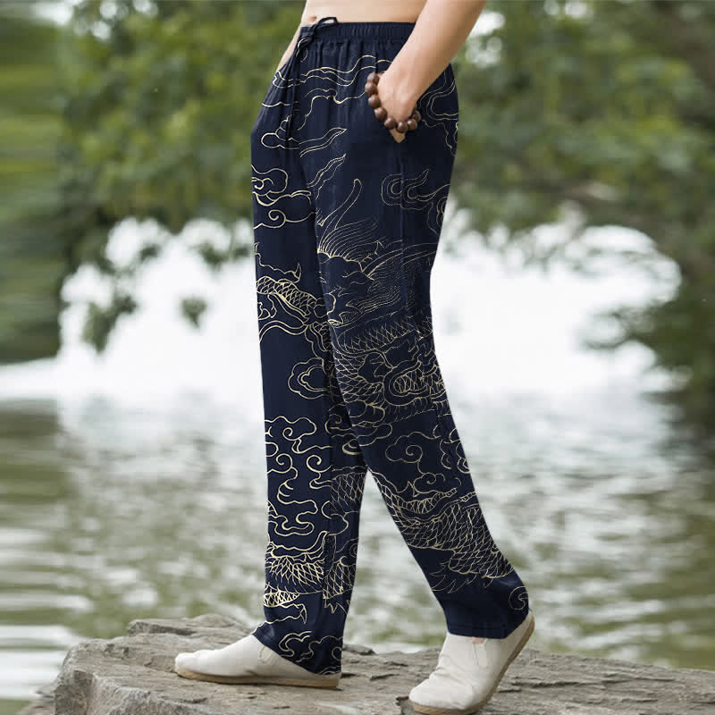 Buddha Stones Pantalon fuselé pour homme avec poches, motif dragon volant en coton poursuivant le soleil - image 7