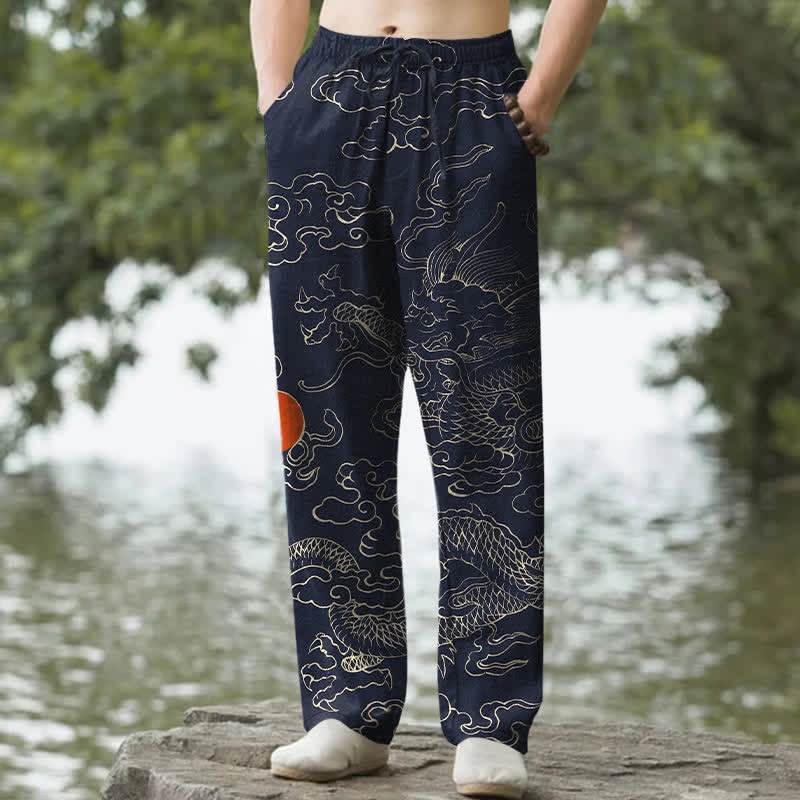 Buddha Stones Pantalon fuselé pour homme avec poches, motif dragon volant en coton poursuivant le soleil - Marine - US/UK/AU50，EU60 (5XL) - image 6