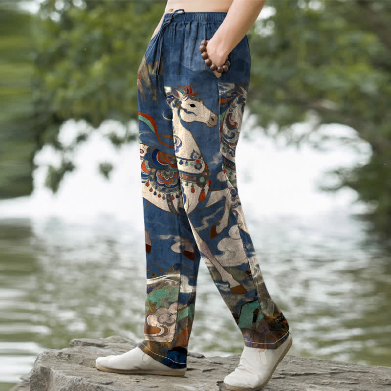 Buddha Stones Pantalon fuselé pour homme en coton vintage à motif de chevaux au galop, avec poches - image 1