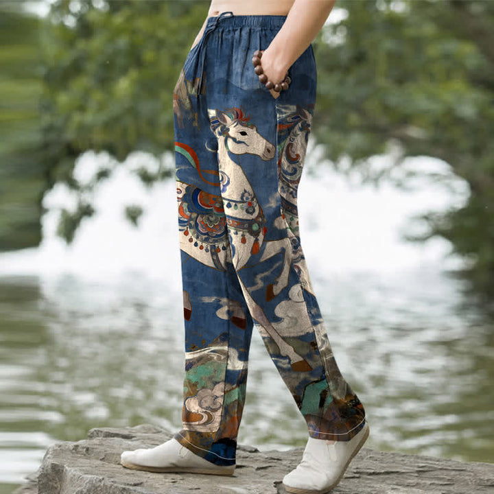 Buddha Stones Pantalon fuselé pour homme en coton vintage à motif de chevaux au galop, avec poches - image 1